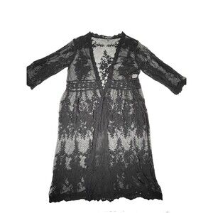 Hers & Mine sheer black floral lace duster cover up kimono whimsy goth Sz M-L